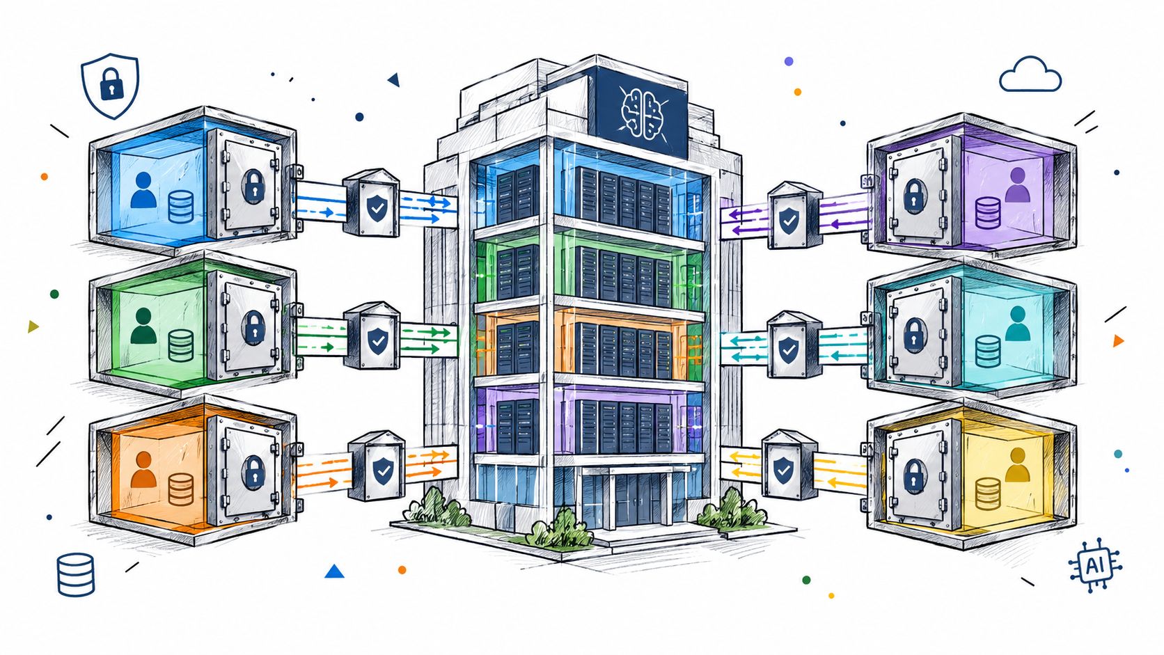 A digital illustration showing a central data center connecting to several secure, colored data containers via encrypted tunnels.