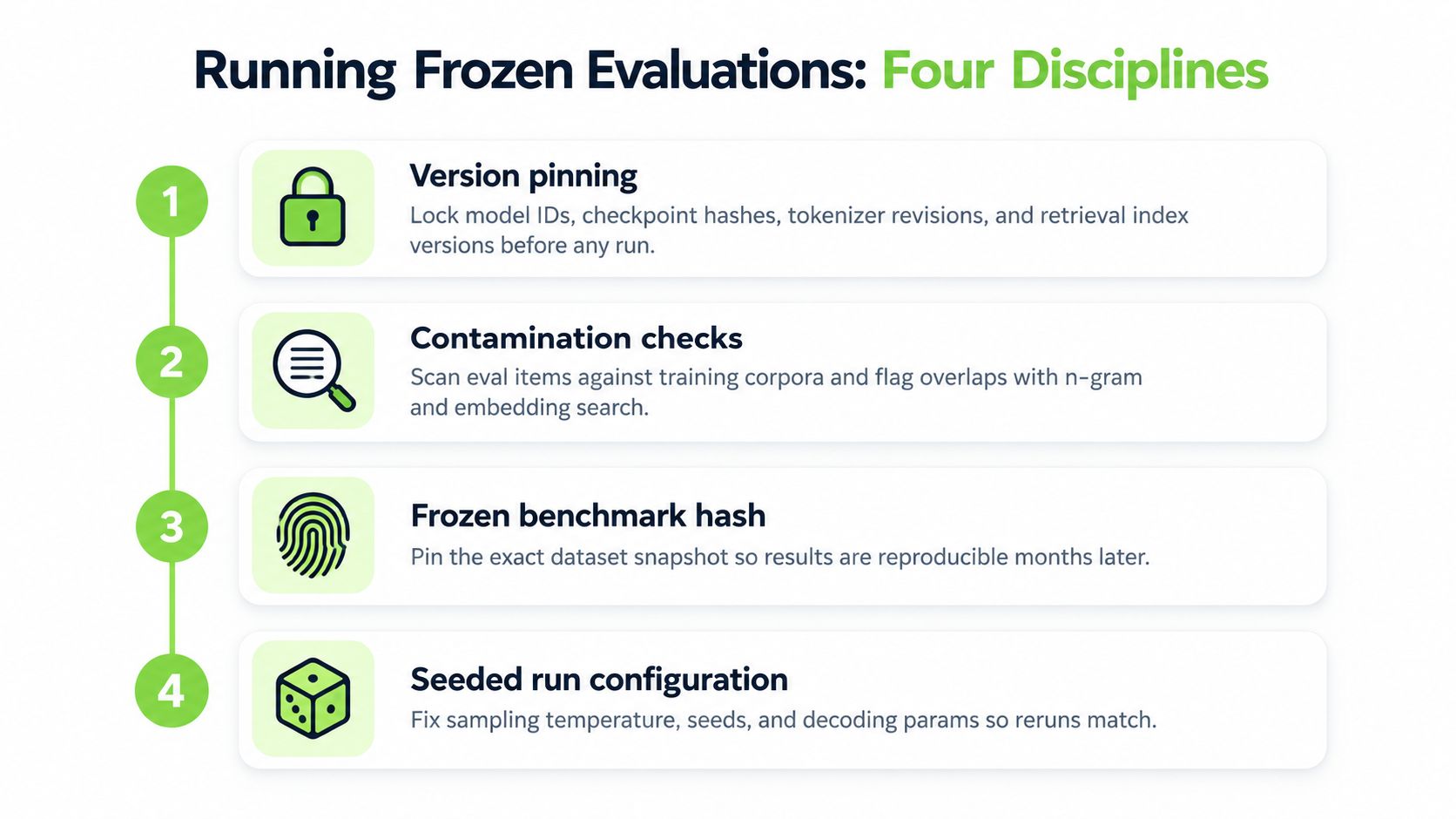 A four-step infographic illustrating the process of running frozen evaluations for artificial intelligence model benchmarking.
