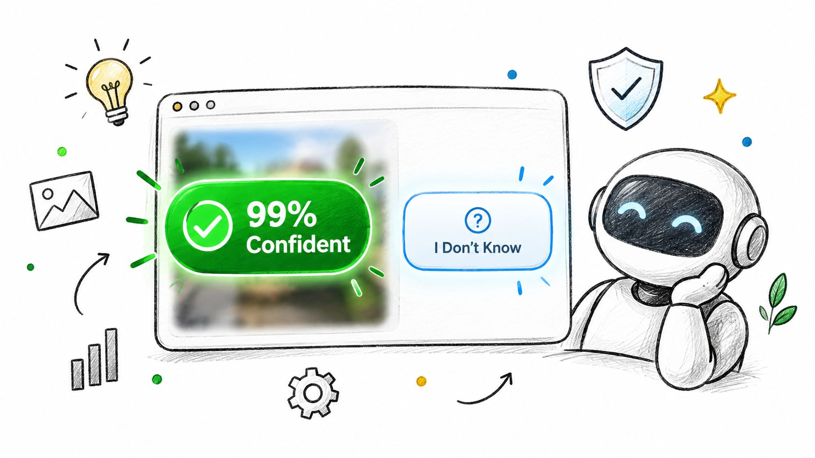 A sketched illustration of a friendly robot evaluating information with a high confidence score of 99 percent.