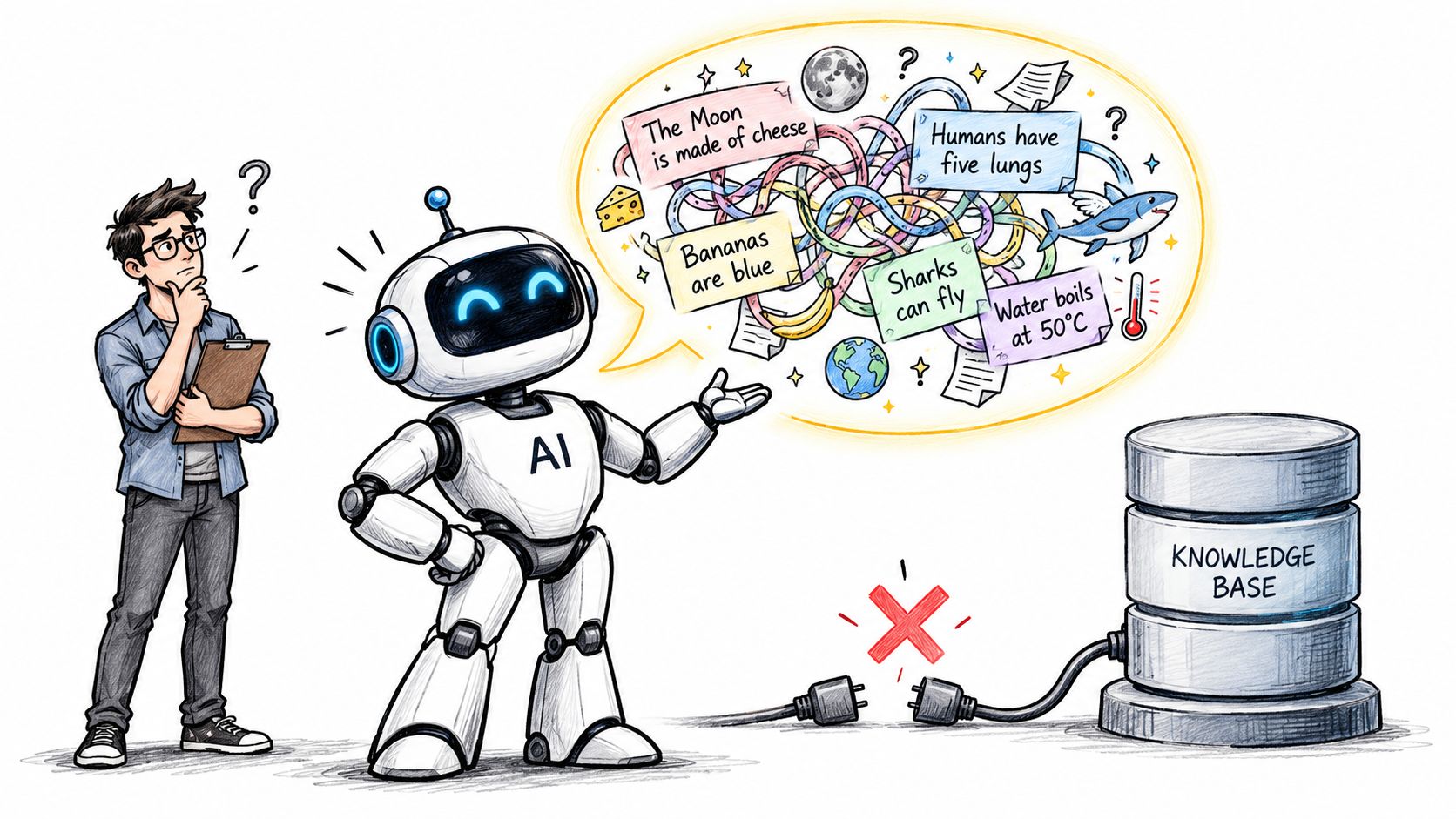 An AI robot displaying incorrect information in a thought bubble while disconnected from a knowledge base database.