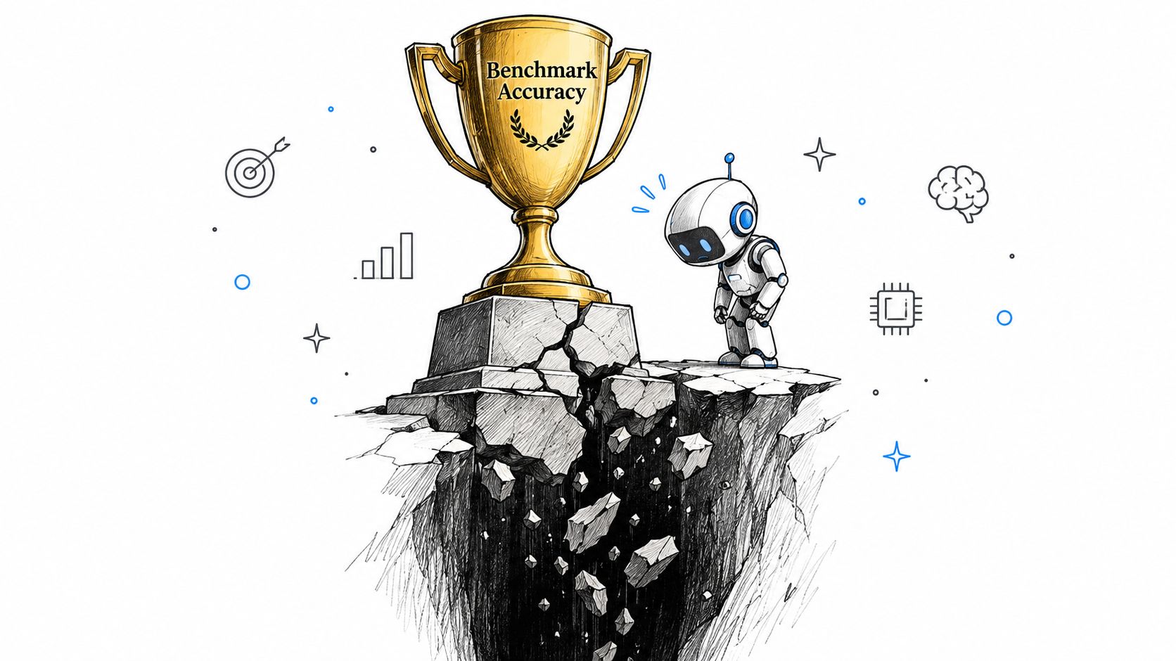 A small sad robot looking at a golden trophy labeled benchmark accuracy sitting on a cracked cliff