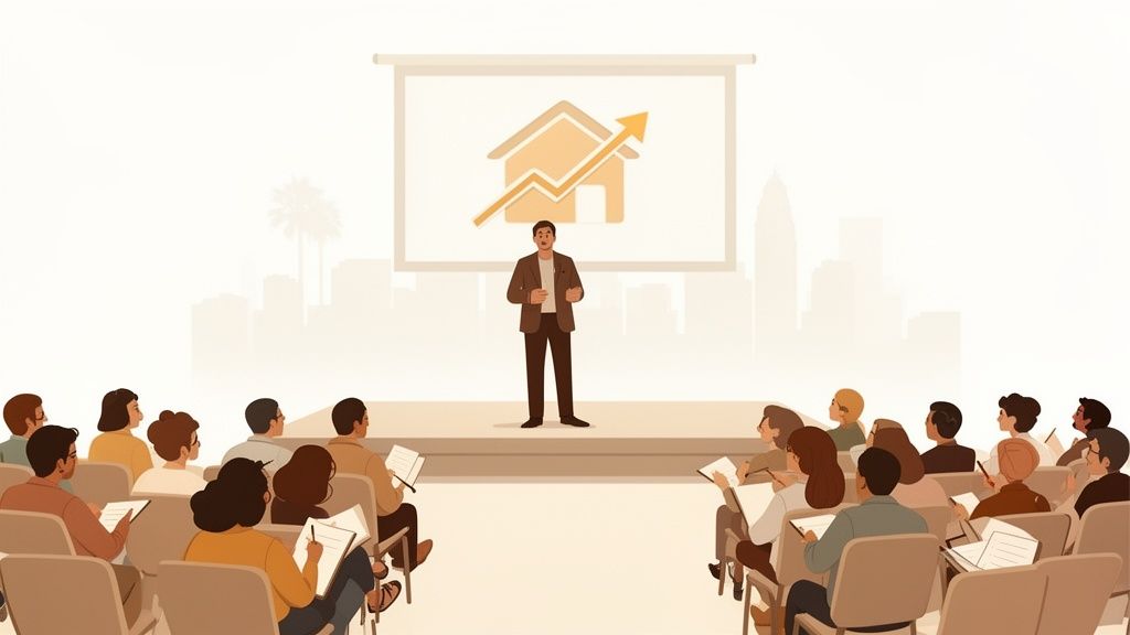 A man presents real estate growth data to an audience at a seminar, with many taking notes.
