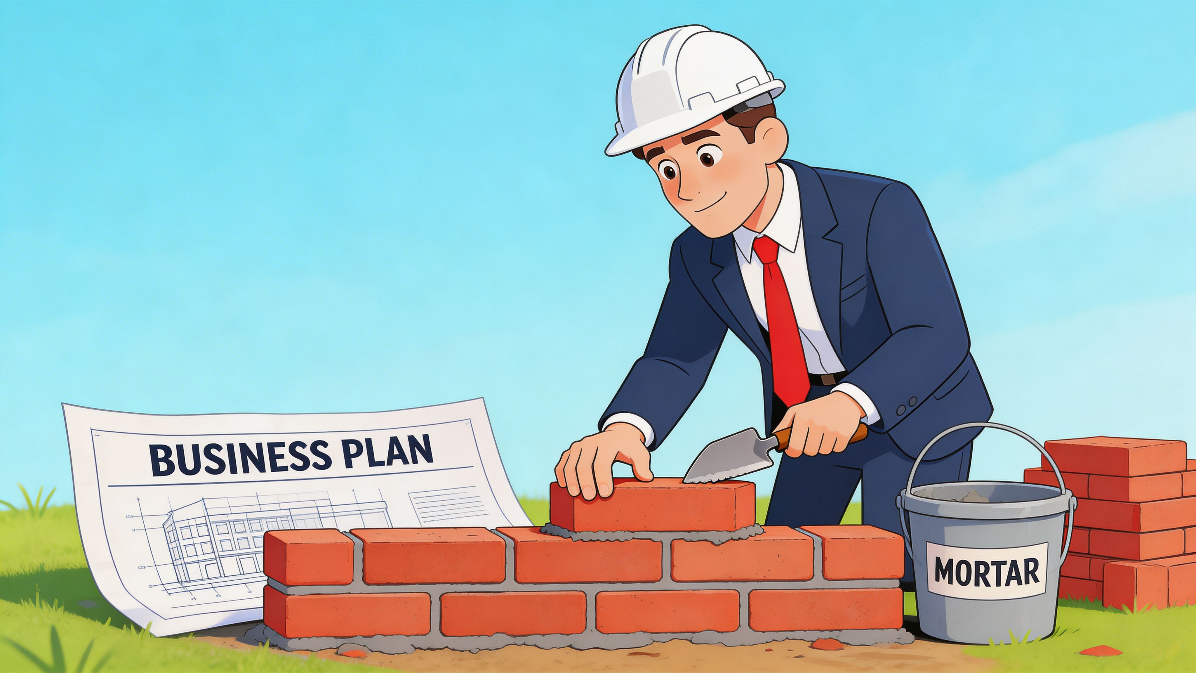 A businessman wearing a hard hat building a brick wall according to his business plan.