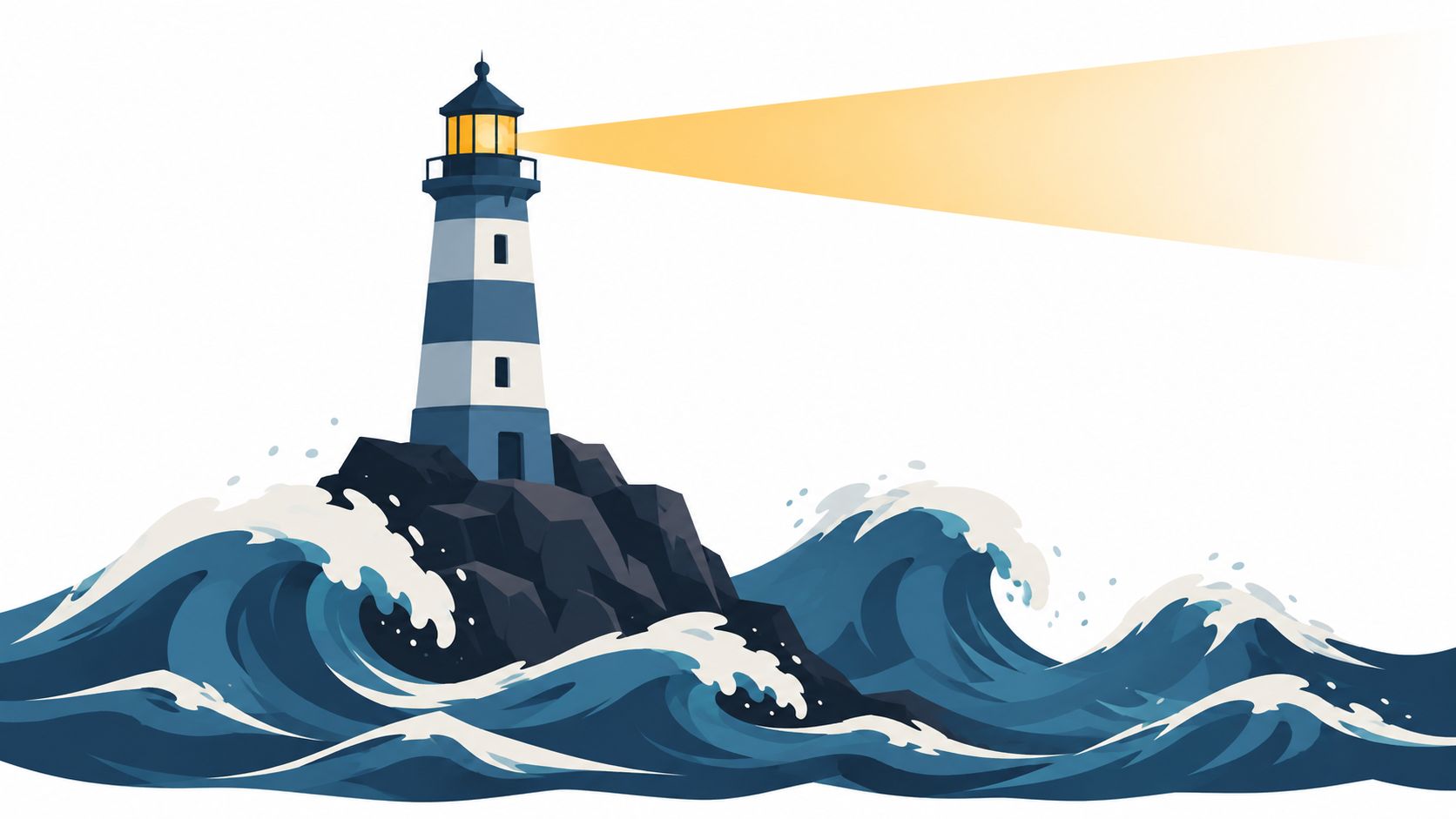 A striped lighthouse standing on a rocky outcrop surrounded by turbulent dark blue ocean waves.