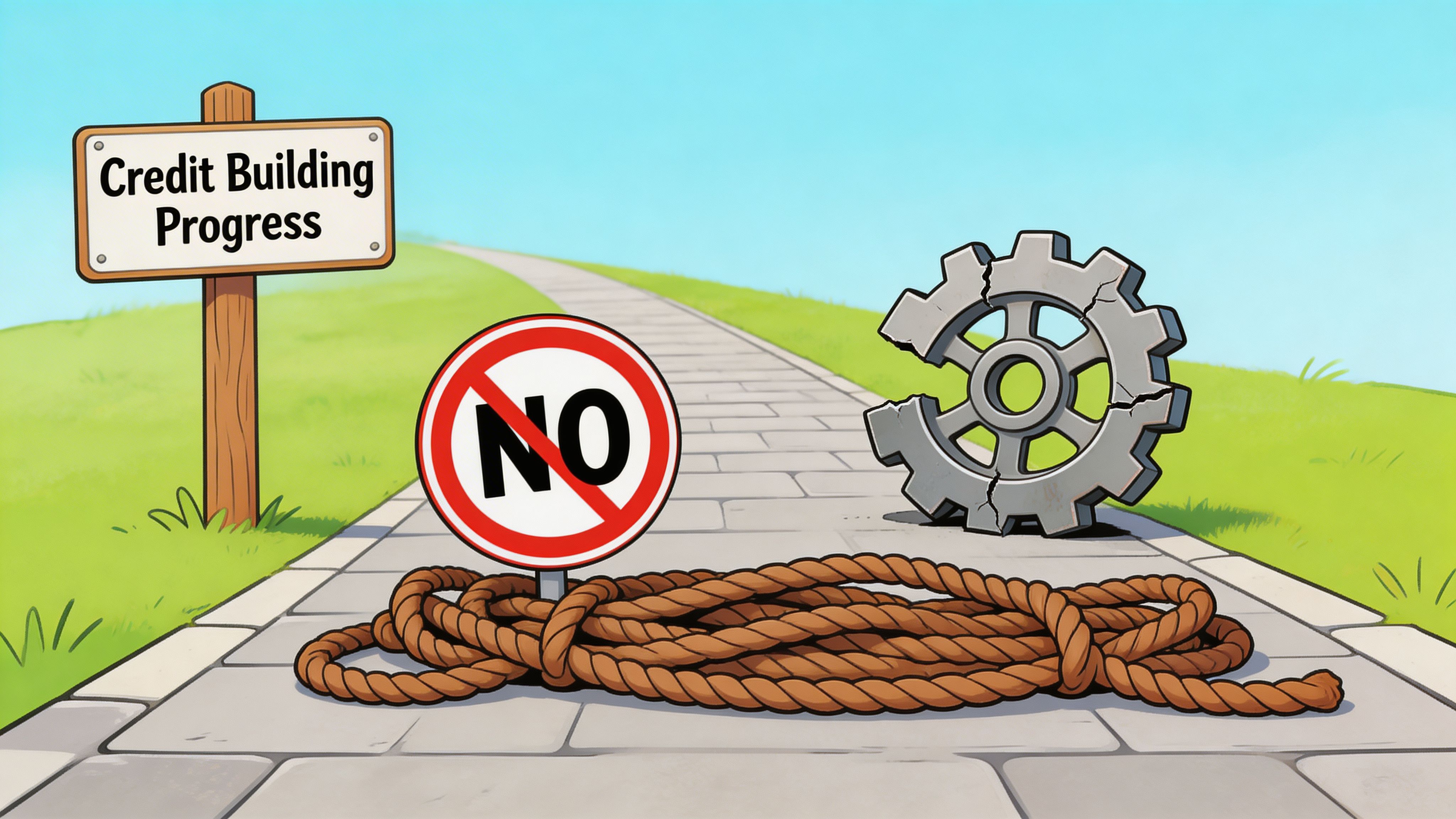 A cartoon illustration showing a blocked path symbolizing obstacles to progress in building business credit.