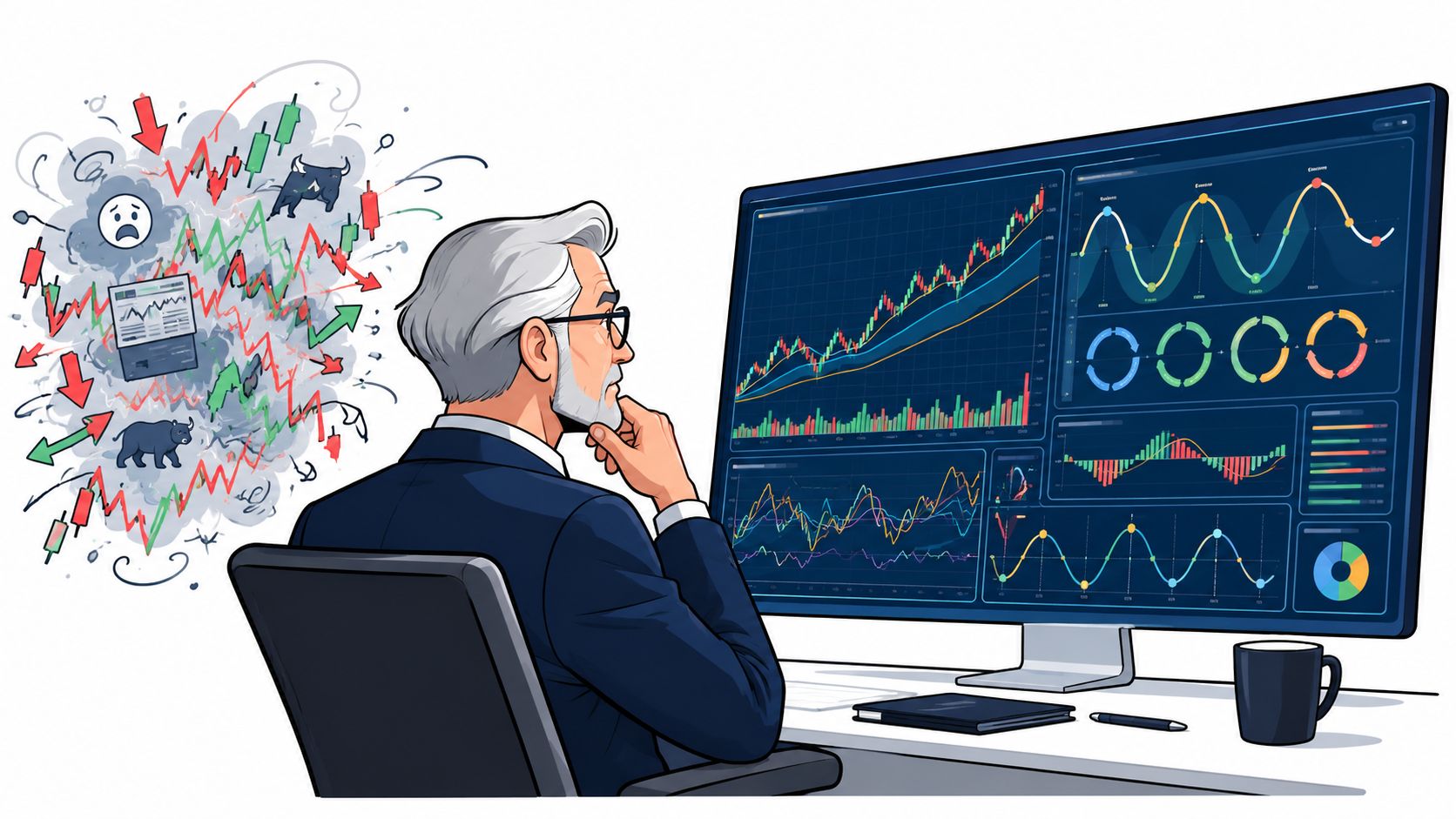 A professional financial analyst looking at complex stock market charts on a large computer monitor in office.