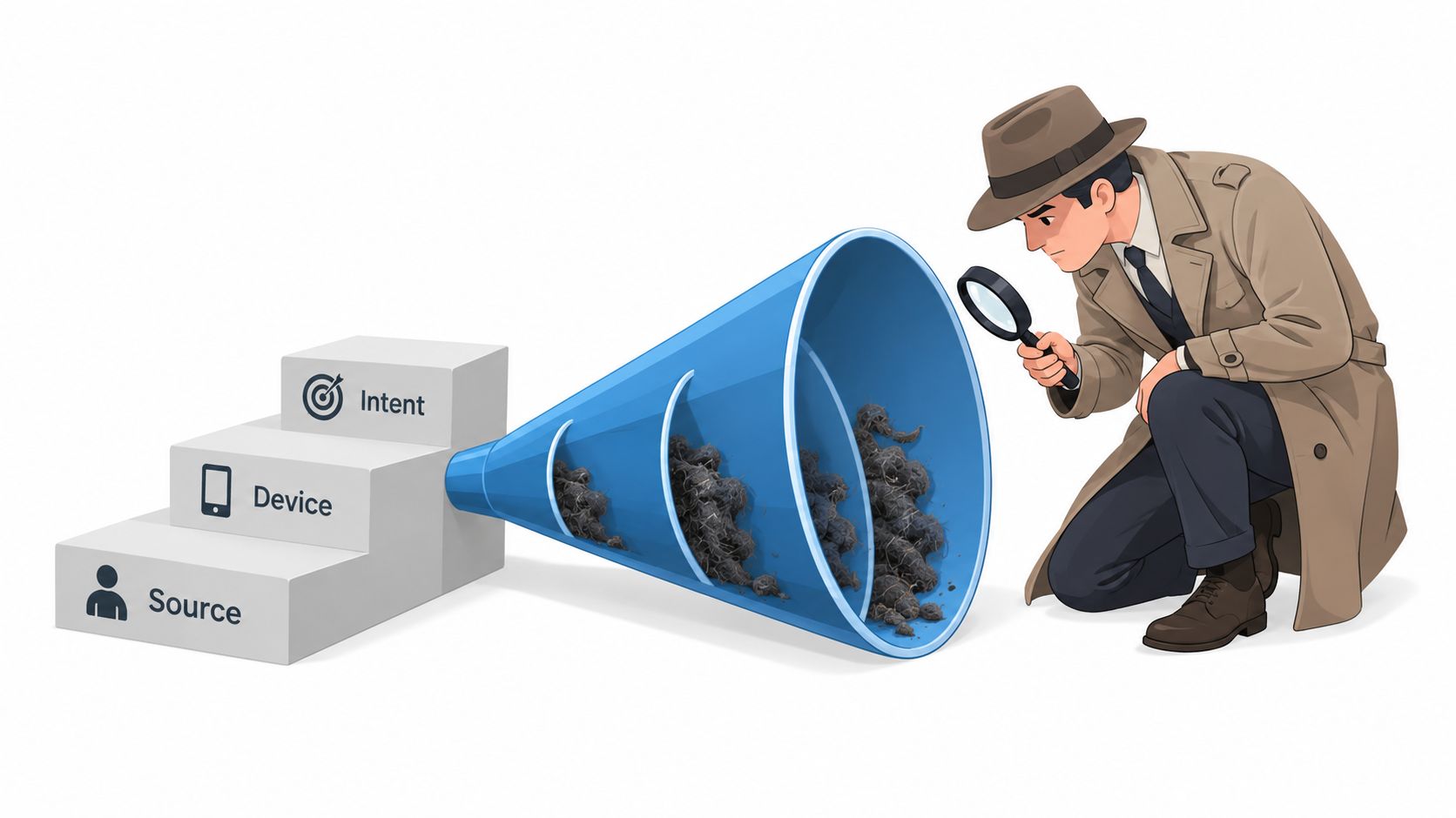A detective looking through a magnifying glass at a blue marketing funnel representing data analysis concepts.