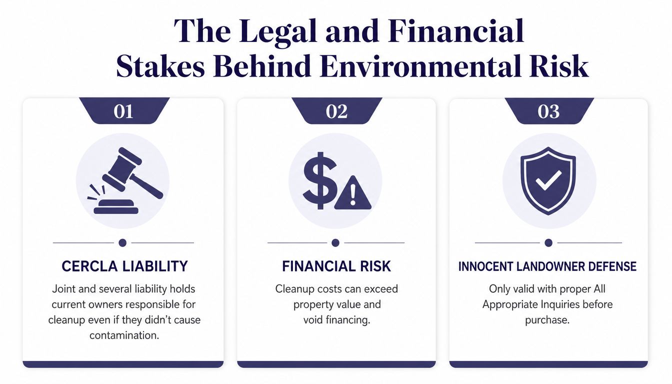 An infographic titled The Legal and Financial Stakes Behind Environmental Risk displaying three numbered key environmental business concepts.
