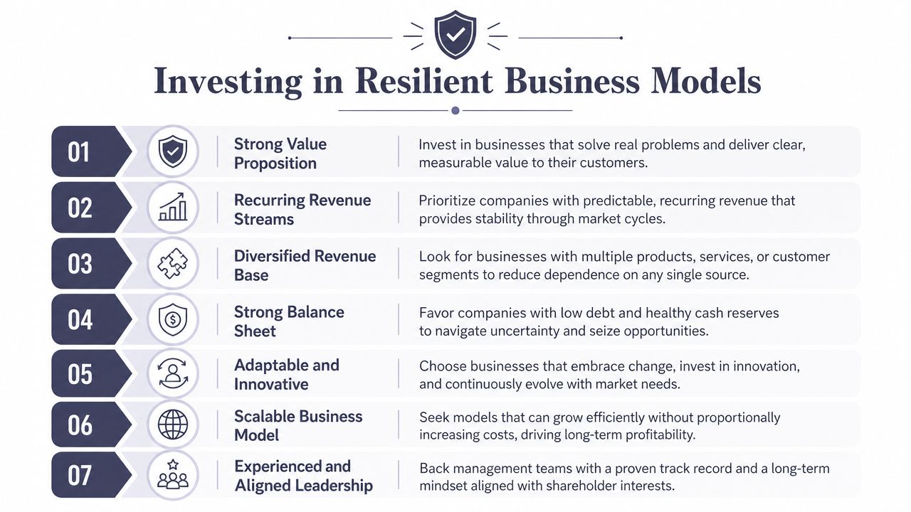 A diagram titled Investing in Resilient Business Models, listing seven key traits for identifying durable company investments.