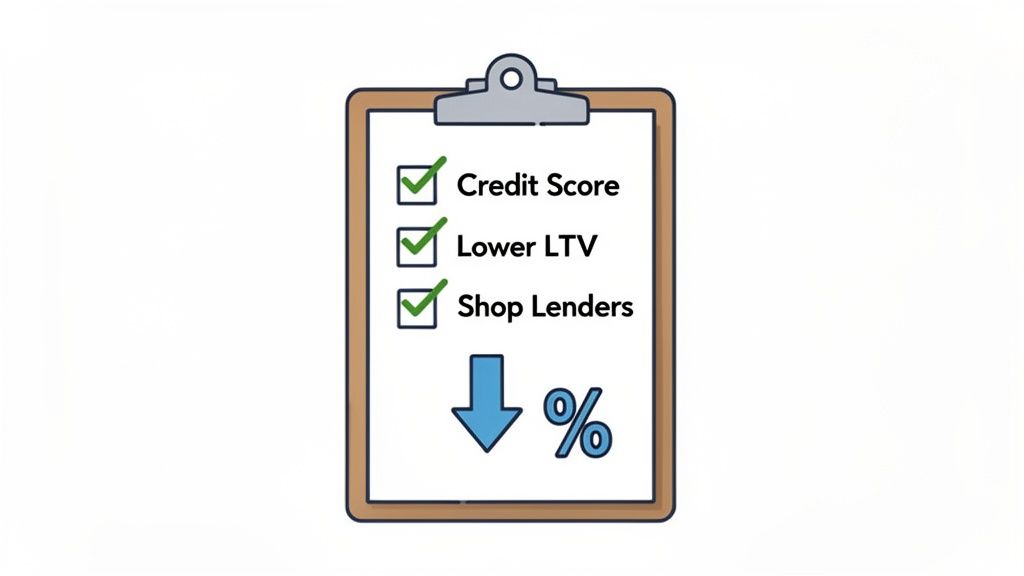 A checklist on a clipboard shows 'Credit Score', 'Lower LTV', 'Shop Lenders' checked, indicating steps to achieve a lower percentage rate.