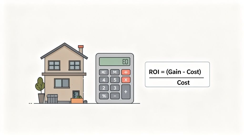 Illustration of a house, a calculator, and the formula for Return on Investment (ROI).