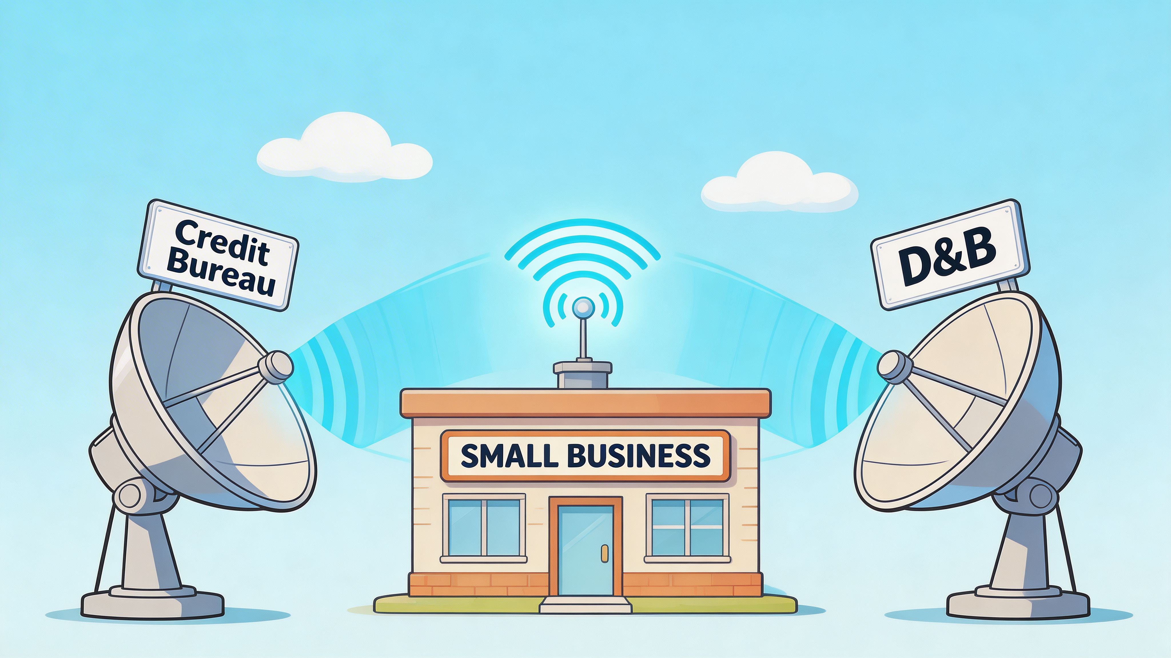 A small business building connected via radio waves to a Credit Bureau and D&B credit reporting agency.