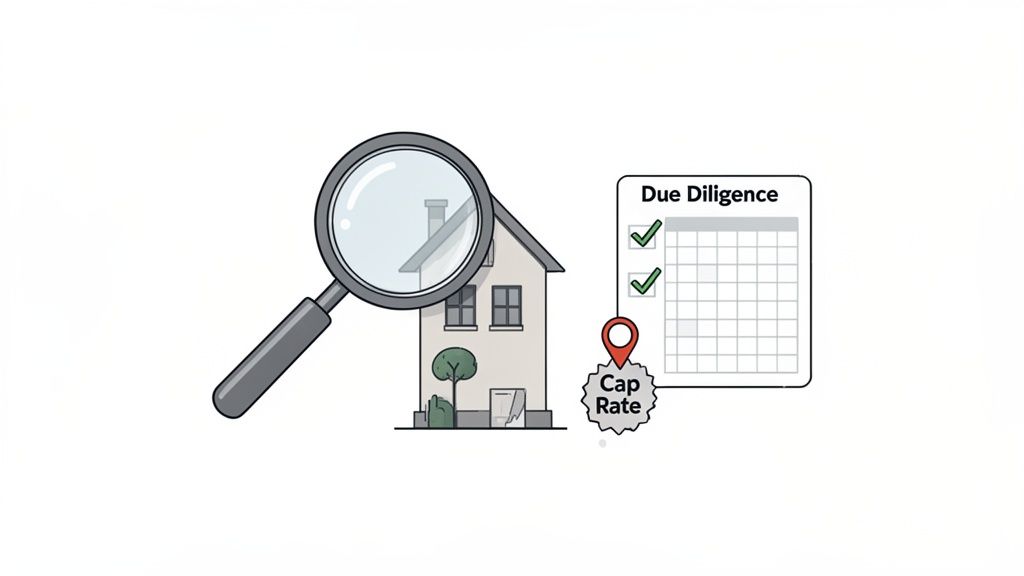 Magnifying glass inspecting a house, next to a 'Due Diligence' checklist and a 'Cap Rate' tag.