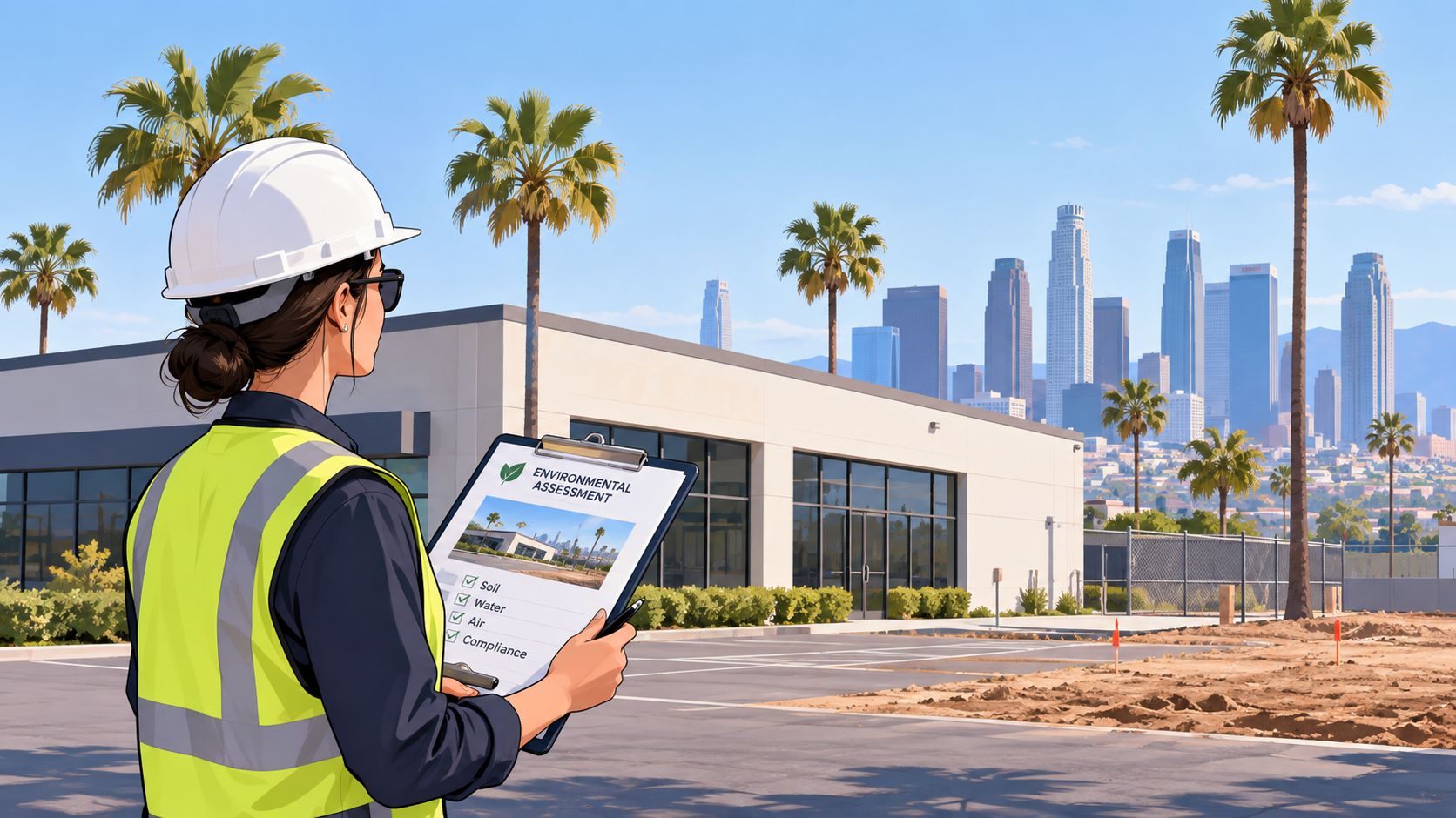 A professional environmental inspector wearing a hard hat and safety vest reviews a clipboard in front of a building.