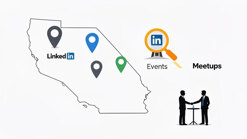 Map of California with location pins, LinkedIn events icon, 'Meetups' text, and two businessmen shaking hands.