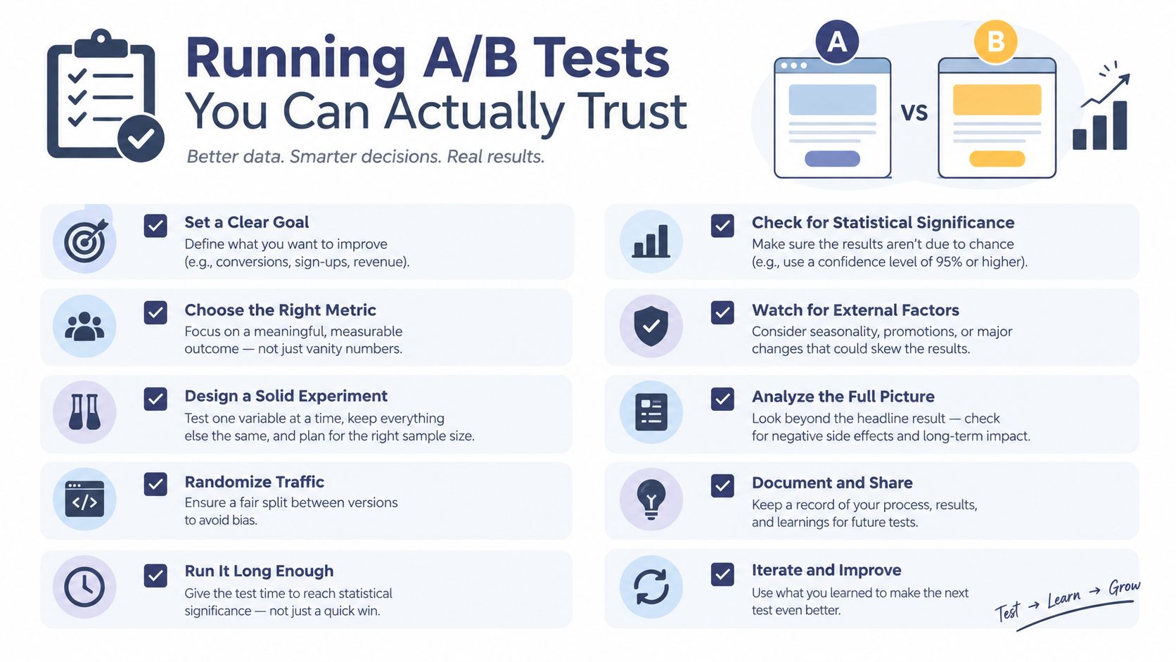 An infographic titled Running A/B Tests You Can Actually Trust, listing ten best practices for optimization.
