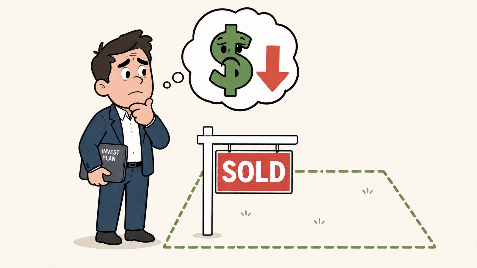 A concerned investor holding an investment plan thinks about declining profits while looking at a sold real estate property.