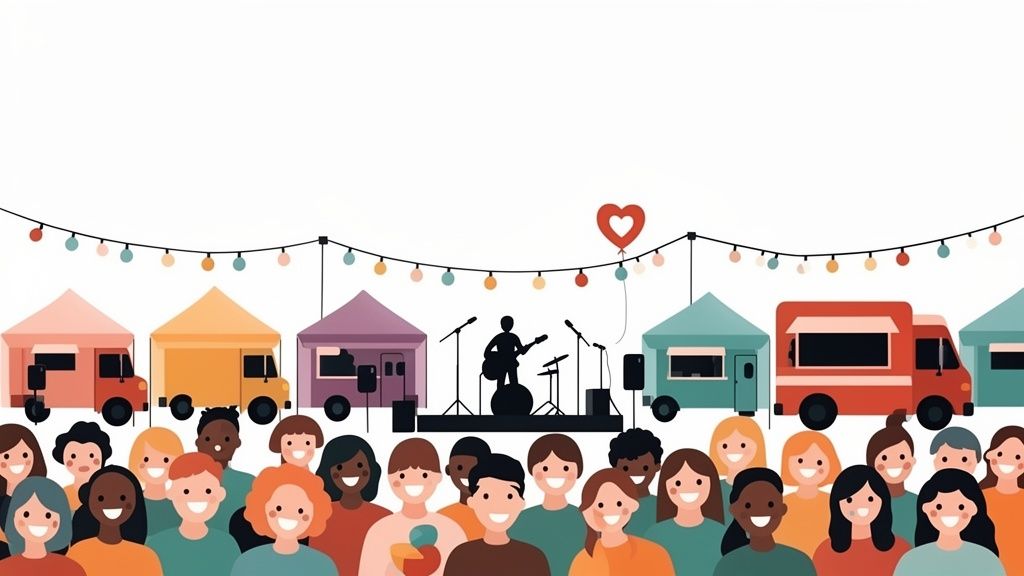A diverse crowd enjoys an outdoor community festival with food trucks, tents, a live band, and festive lights.