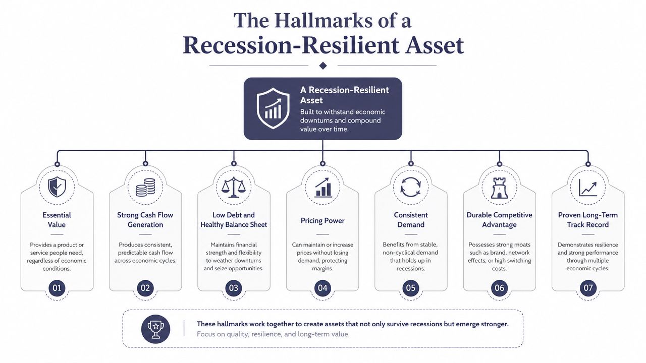 An infographic detailing seven key hallmarks of a recession-resilient asset for long-term investment success.