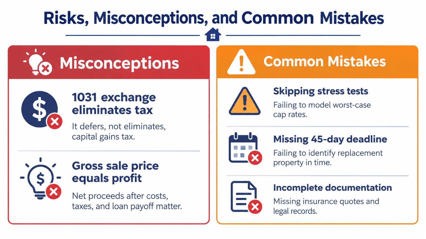 An infographic titled Risks, Misconceptions, and Common Mistakes detailing investment errors in real estate transactions.