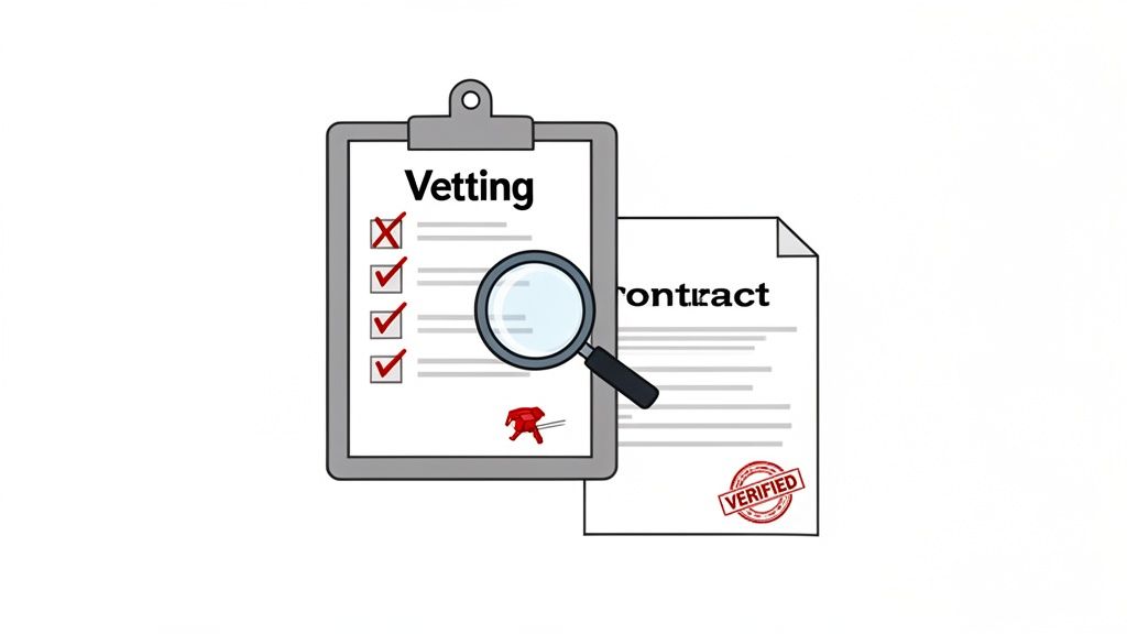 Clipboard with vetting checklist, magnifying glass, and a verified contract document.