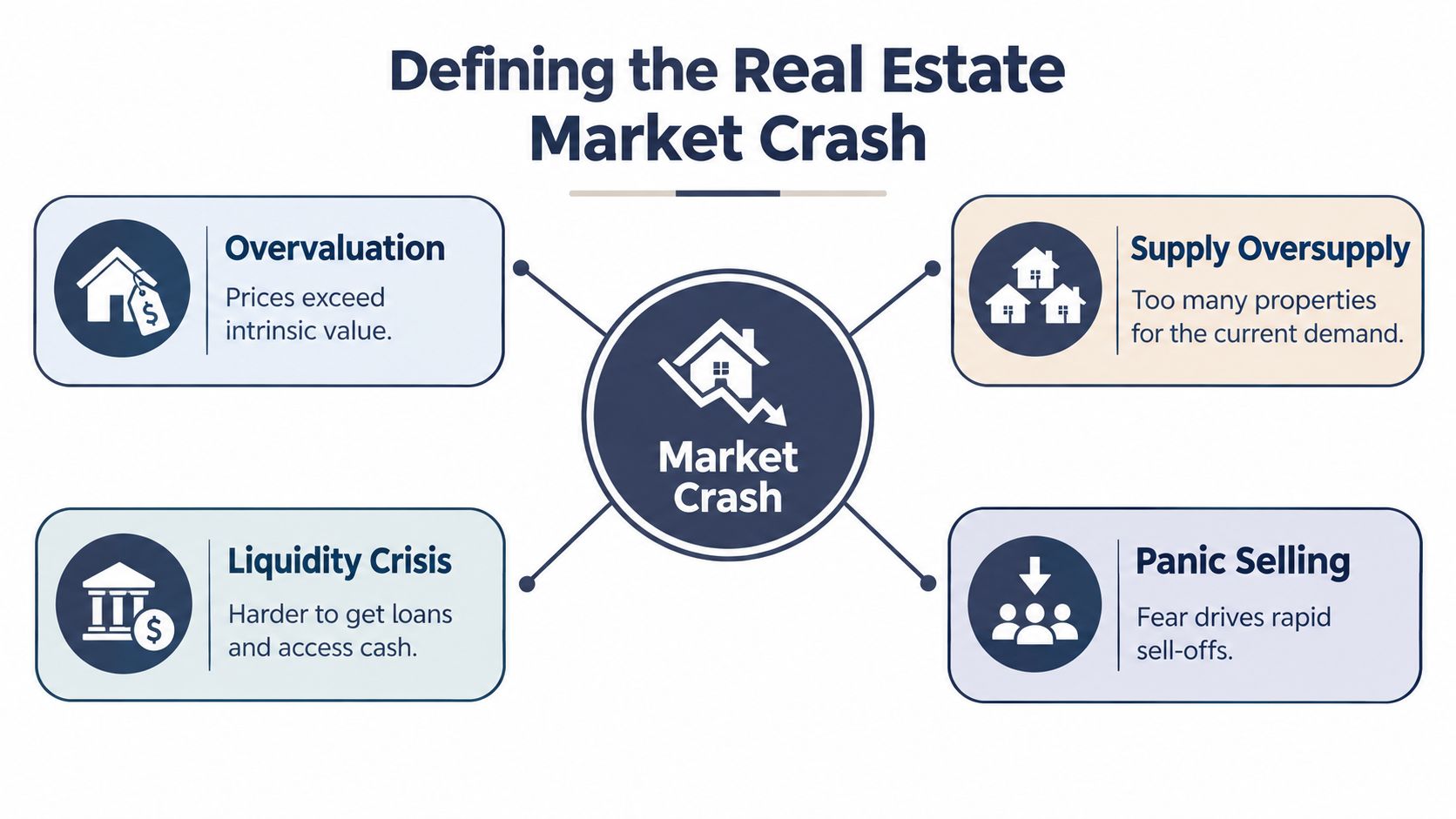 A diagram illustrating the four key factors defining a real estate market crash, including overvaluation, oversupply, liquidity, and panic.