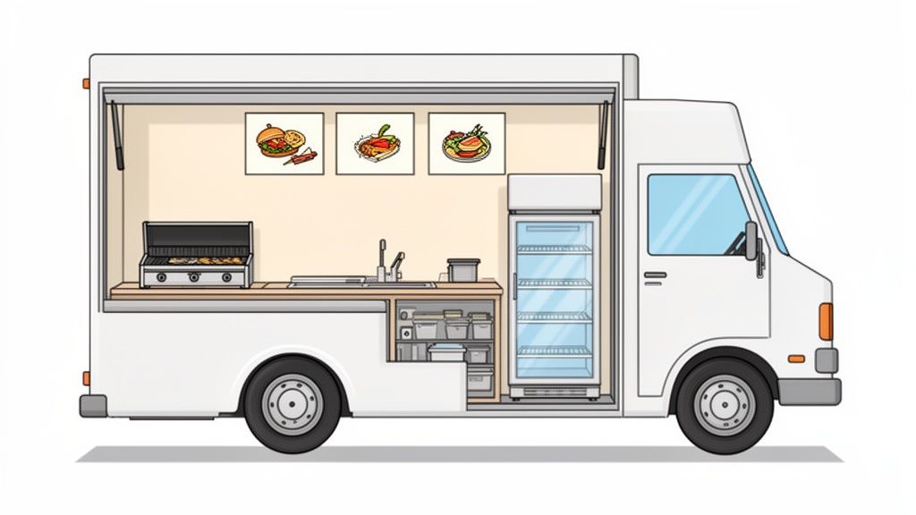 Detailed illustration of a white food truck's open side, revealing a fully equipped kitchen with a grill, sink, and refrigerator.