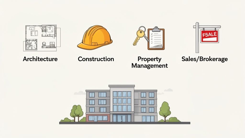 Illustrates architecture, construction, property management, and sales aspects of the real estate business.