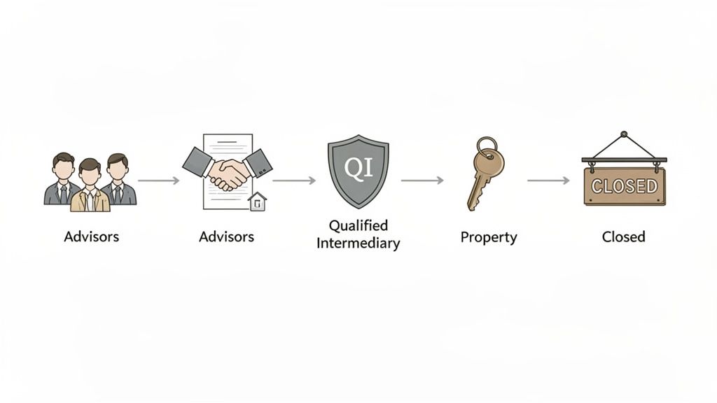 Flowchart illustrating a real estate exchange process with advisors, contract, qualified intermediary, property key, and a closed sign.
