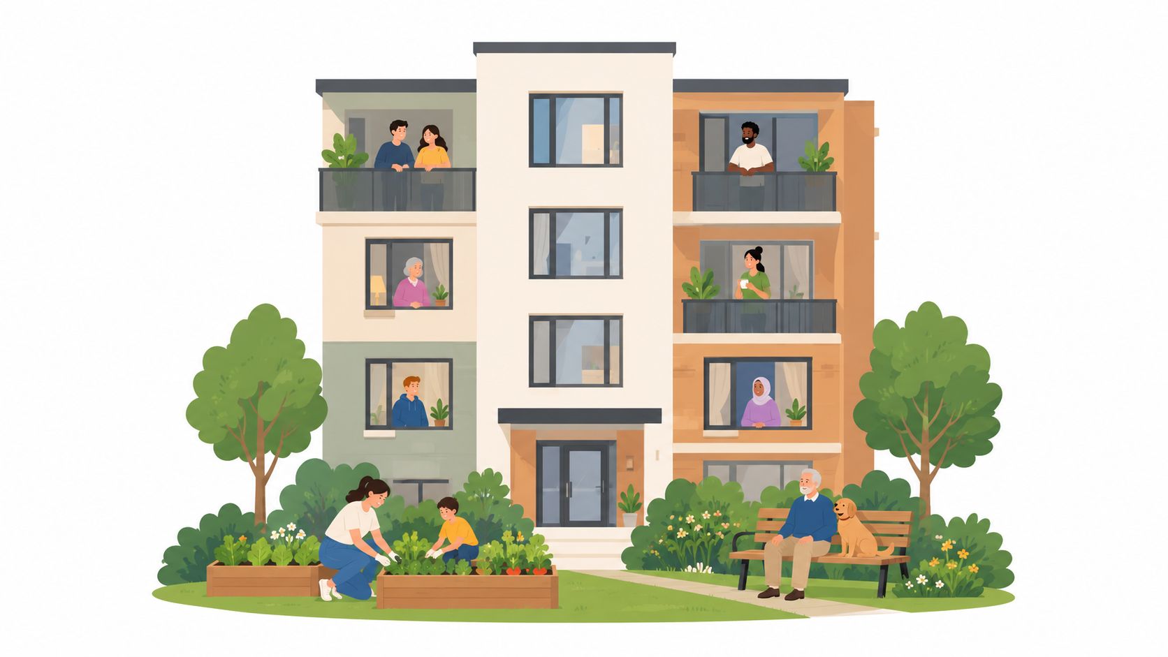 A diverse group of neighbors tending to a community garden outside an apartment building with people on balconies.
