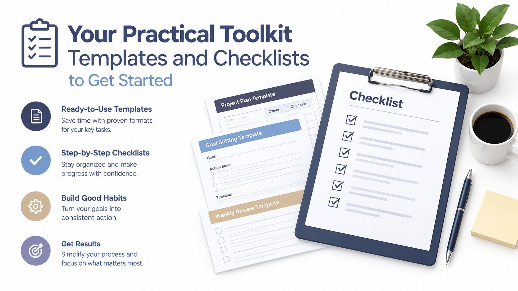 A professional desk workspace featuring a clipboard with checklists, templates, and a cup of coffee.