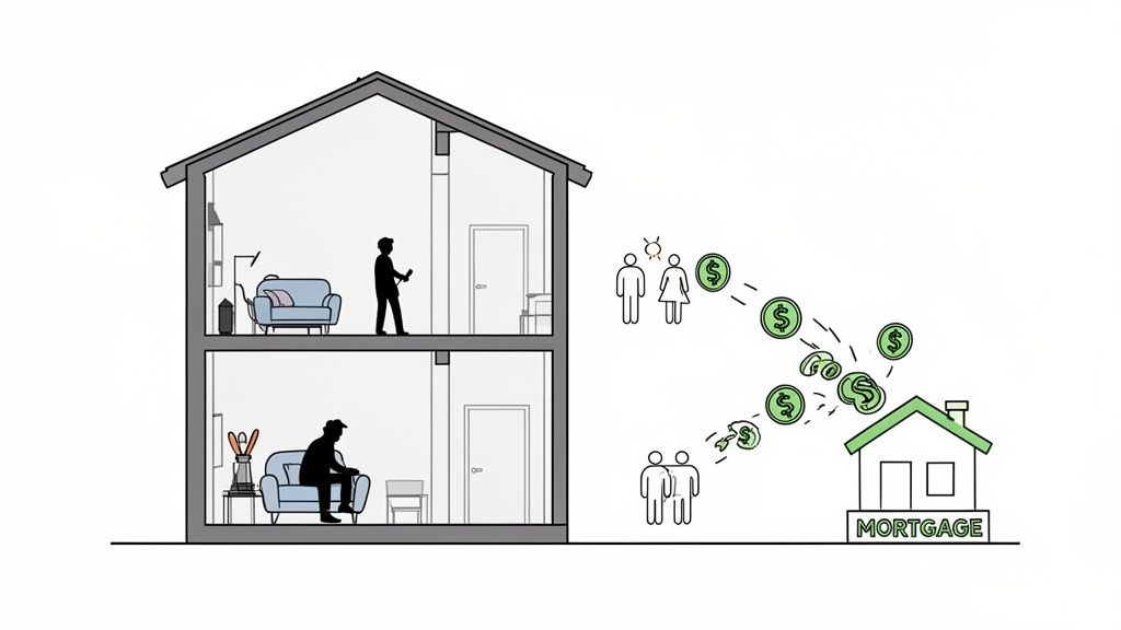 A cross-section of a house with residents, and people outside sending money to a mortgage house.