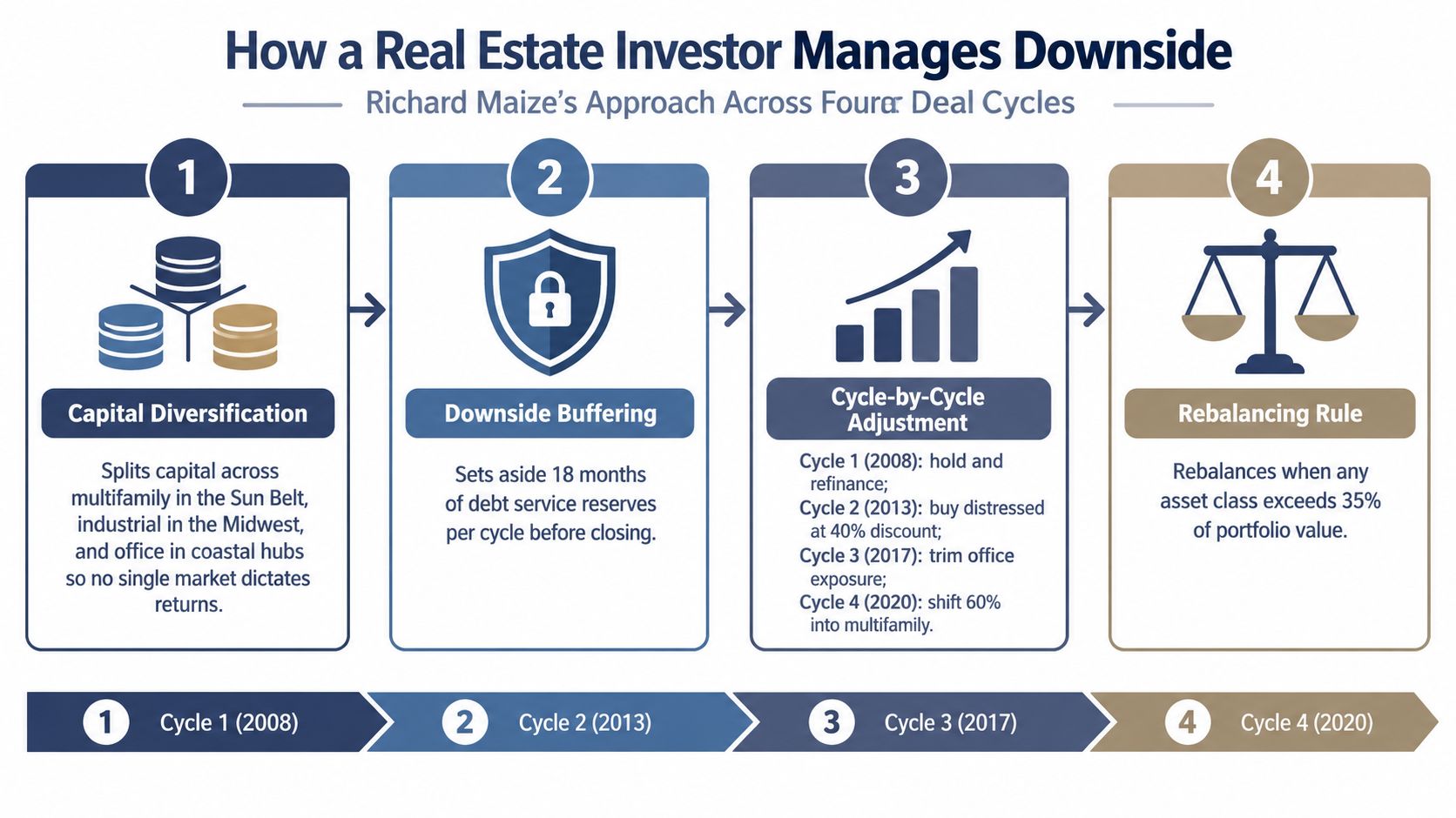 An infographic showing Richard Maize's four-step real estate investment strategy for managing downside and portfolio risk.
