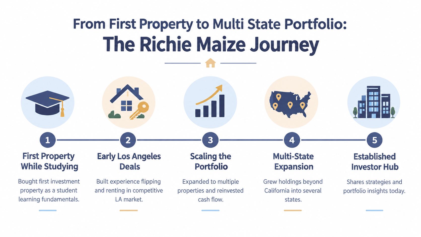 A timeline graphic illustrating the real estate investment journey of Richie Maize from student to investor.