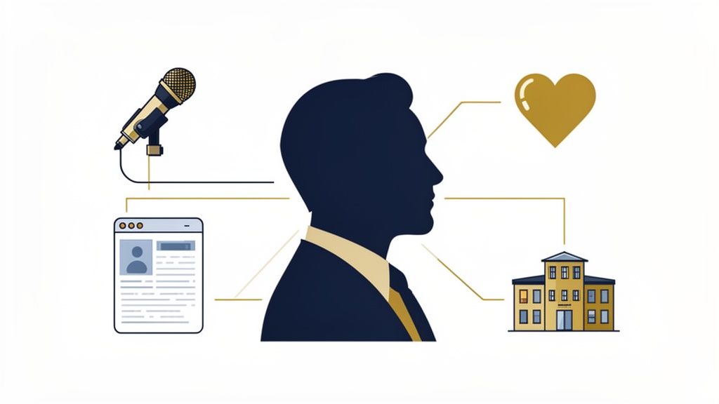 Illustration of a man's silhouette connected to a microphone, profile page, heart, and building.
