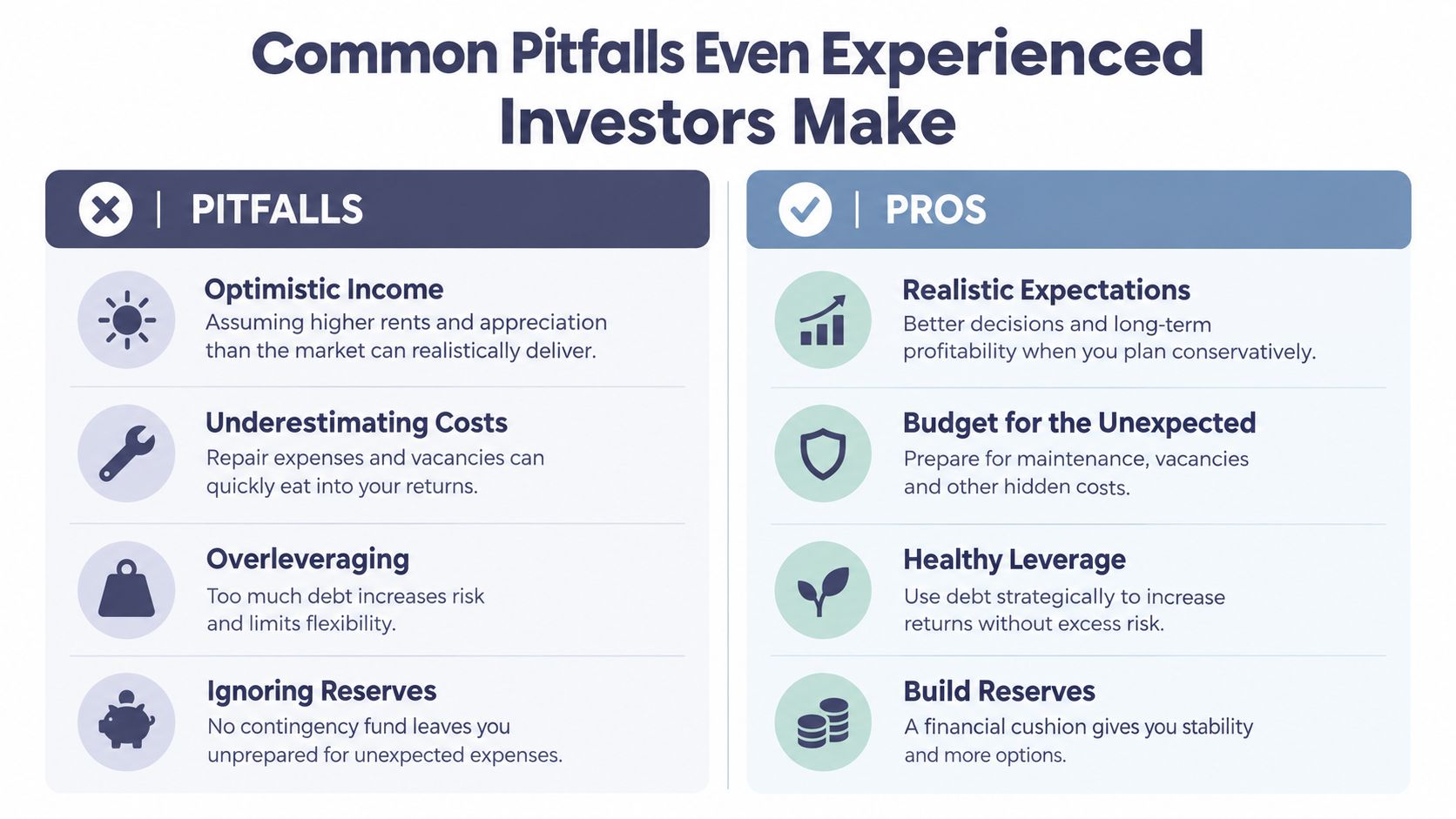 A comparison chart outlining common real estate investment pitfalls versus smart practices for long-term financial success.