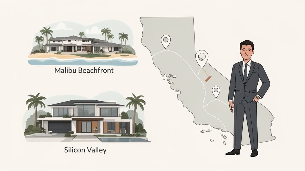 Illustration of a real estate agent standing beside a map of California with pins, showcasing Malibu beachfront and Silicon Valley luxury homes.