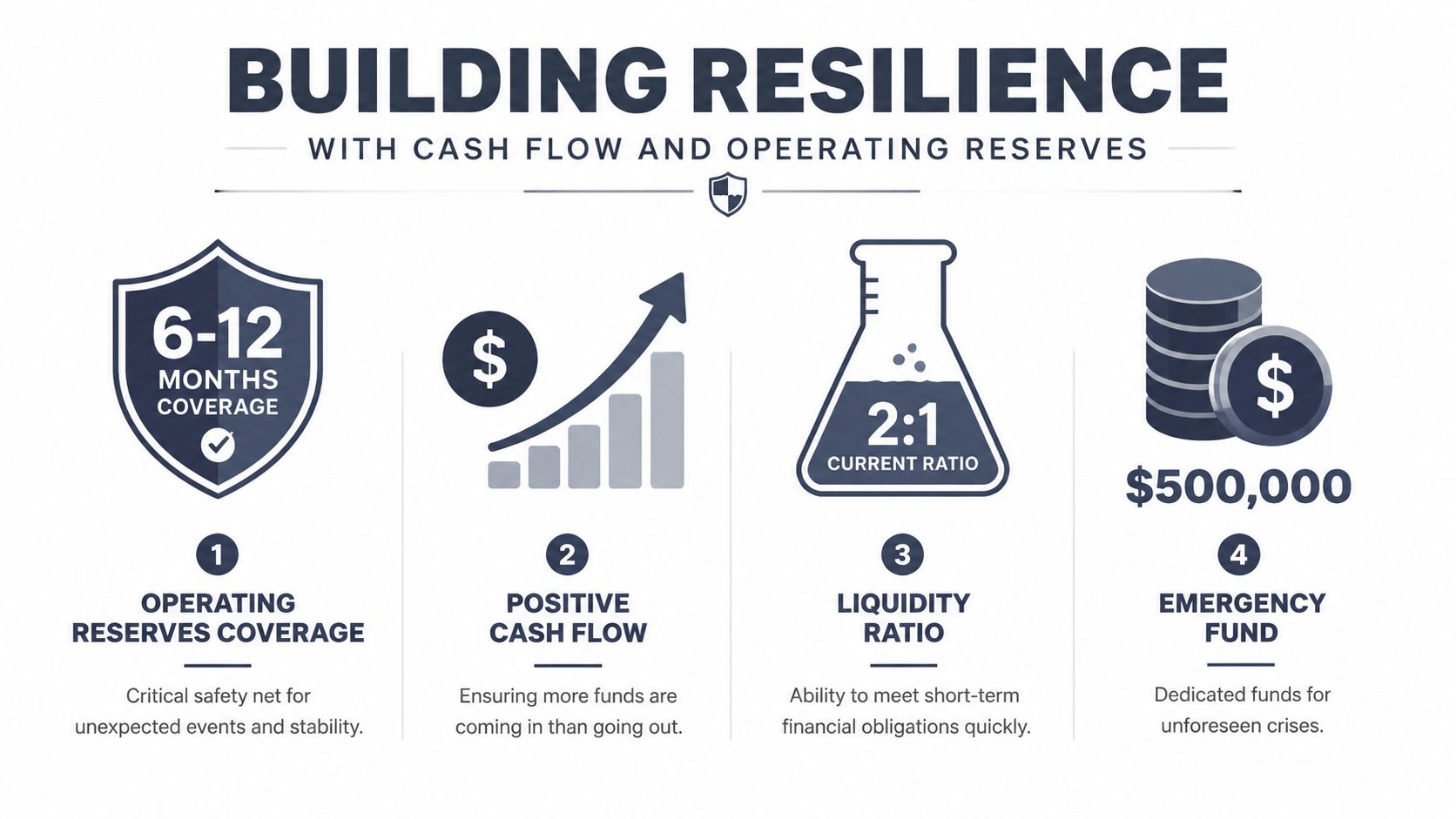 An infographic illustrating four key pillars for building organizational financial resilience through cash flow and reserves.