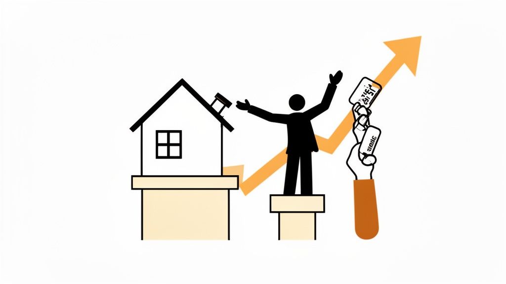 Cartoon illustrating a house, a person celebrating, and hands holding money with an upward growth arrow.