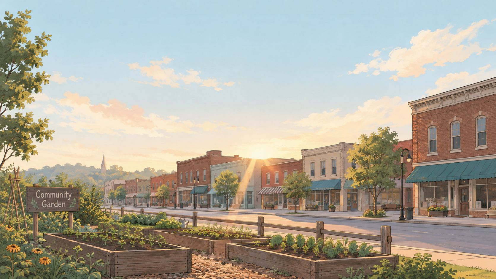 A scenic view of a sunny small town street with a community garden in the foreground.