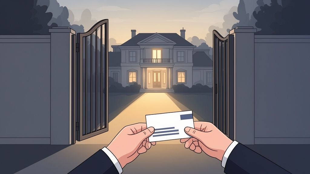 Hands hold an invitation card in front of an open gate leading to a brightly lit luxury mansion at dusk.