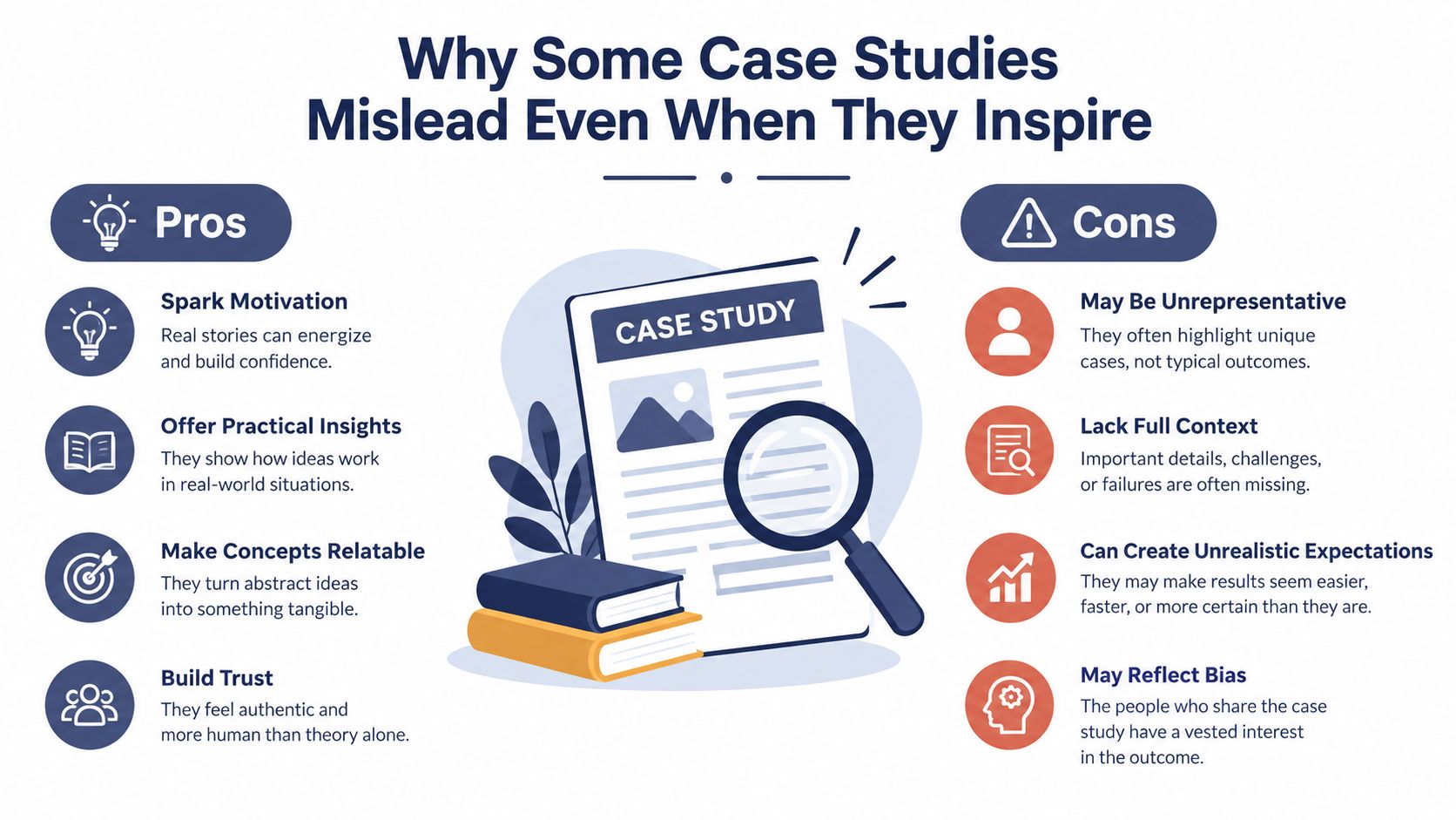 An infographic illustrating the pros and cons of using case studies in professional business environments.