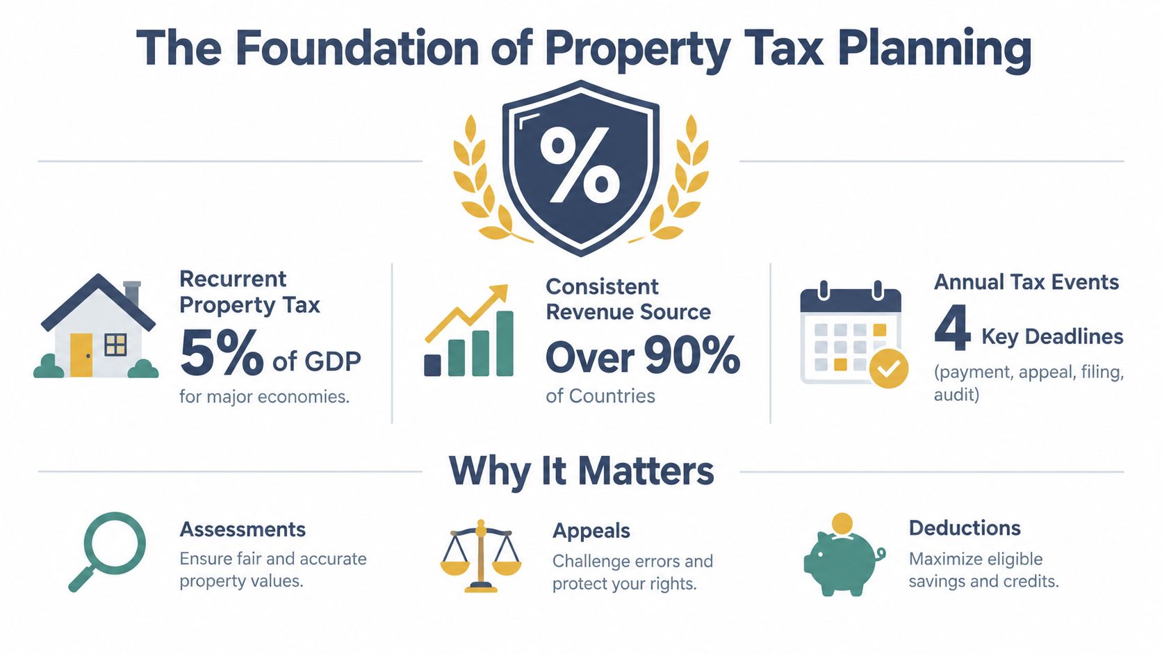 An infographic illustrating the importance of property tax planning including assessments, appeals, and key tax deadlines.