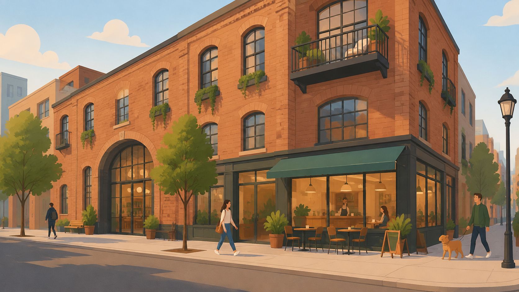 A charming street corner featuring a brick building with a cozy coffee shop and people walking by.