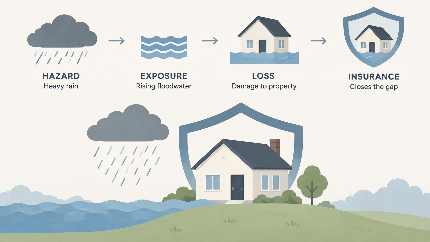 A diagram illustrating how insurance covers property damage caused by hazards like heavy rain and rising floodwater.
