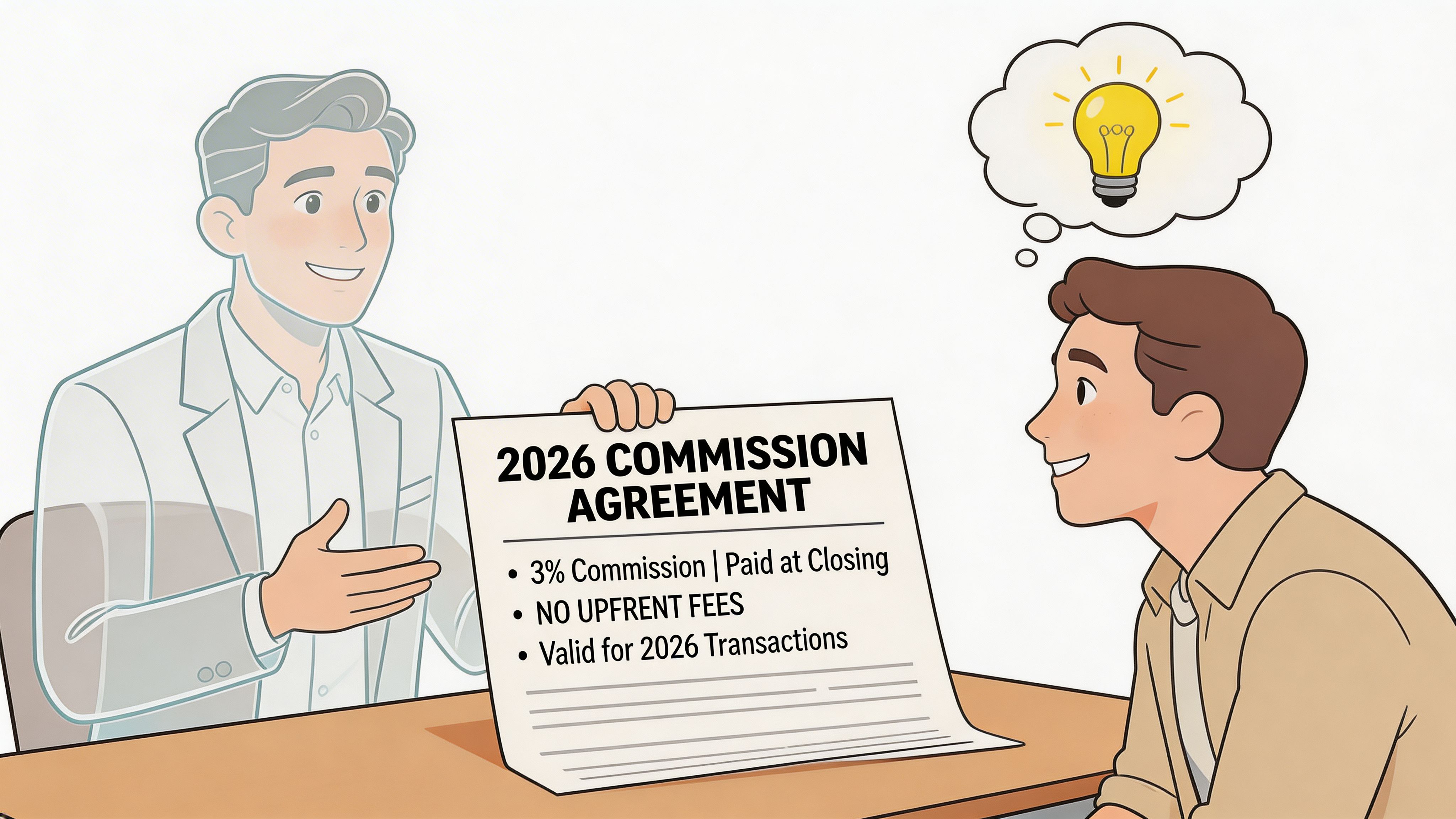 A professional real estate broker presenting a commission agreement document to a smiling client during a meeting.