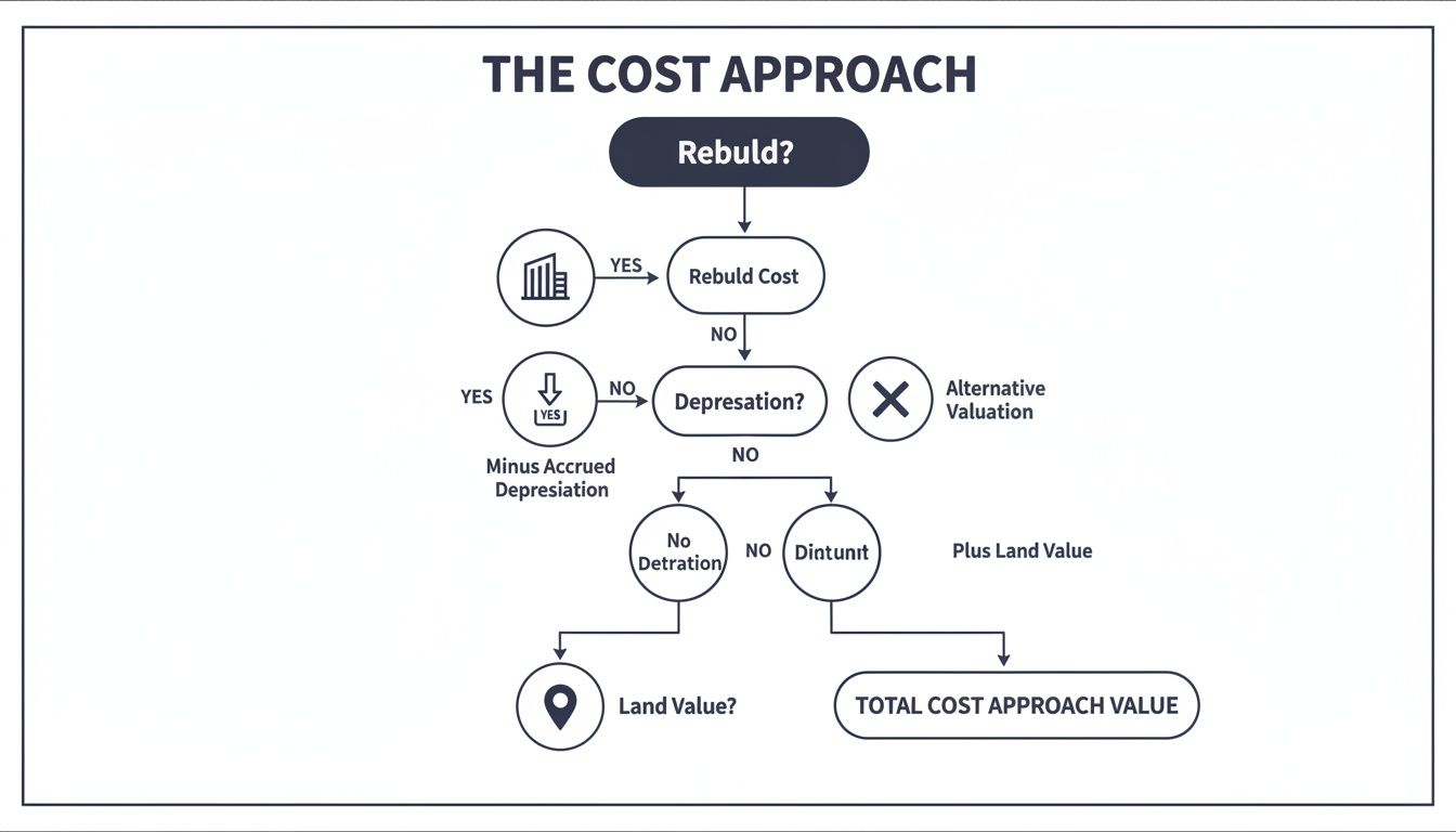 Flowchart detailing the cost approach valuation method, including rebuild cost, depreciation, and land value.