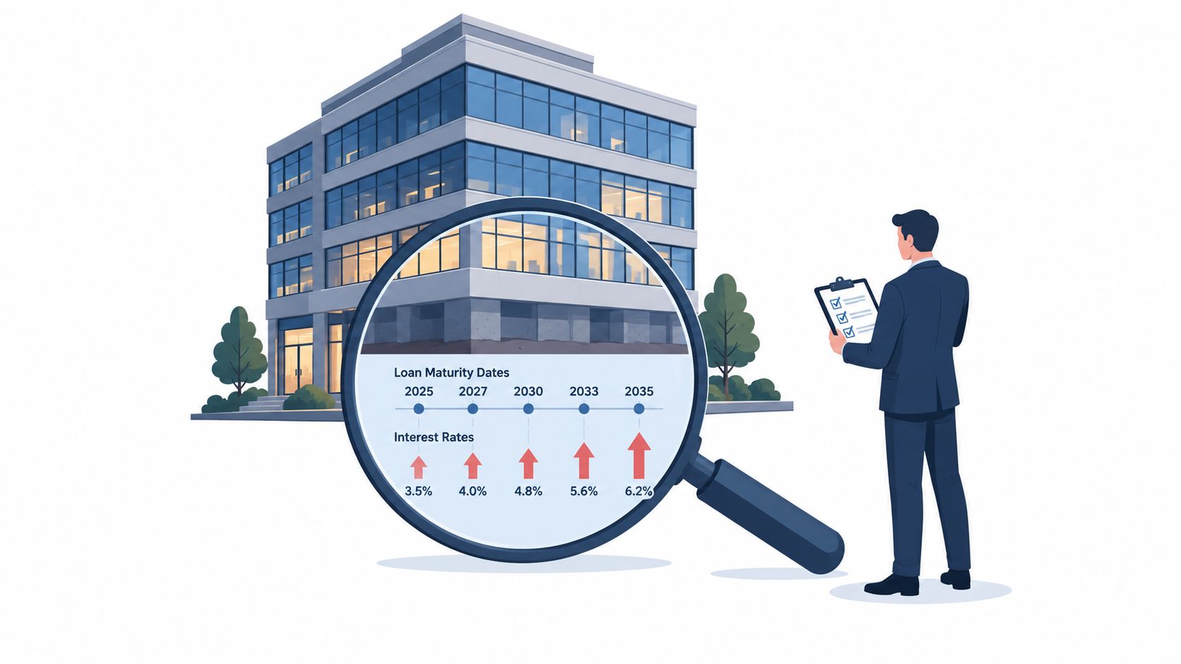 A businessman reviewing commercial real estate loan maturity dates and increasing interest rates through a magnifying glass.