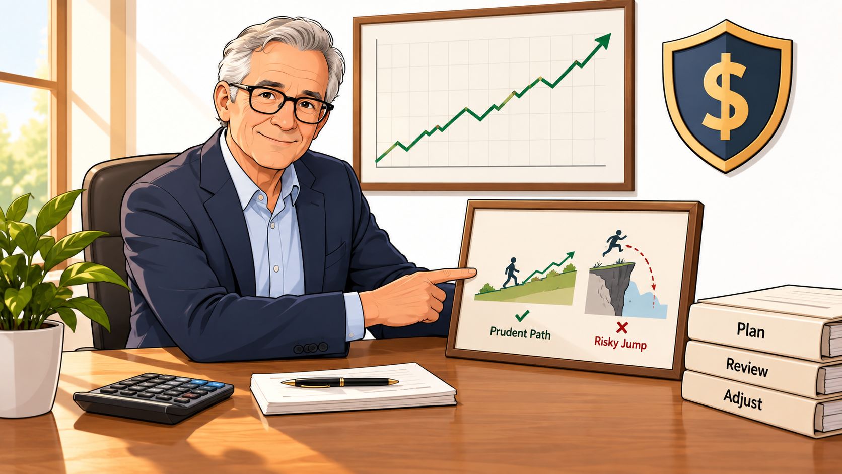 A professional financial advisor pointing at a chart comparing a prudent path versus a risky jump.