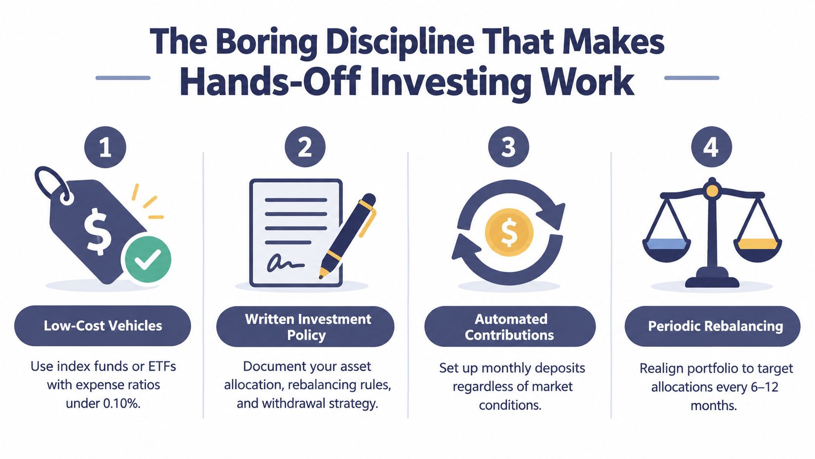 An infographic titled The Boring Discipline That Makes Hands-Off Investing Work, illustrating four essential steps for effective investing.